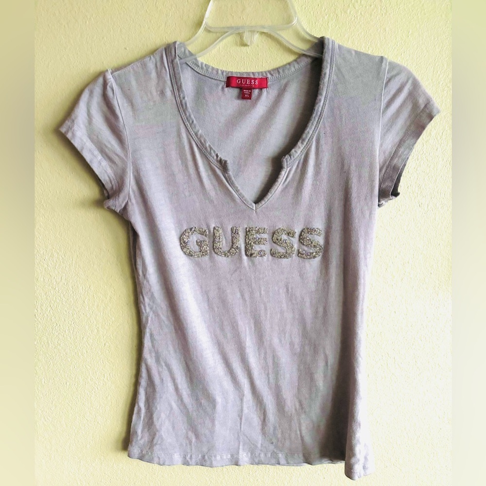 Vintage Guess 1981 Rhinestone Logo Grey V Neck Short Sleeve T Shirt Size: XS